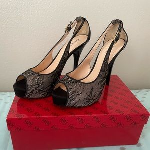 Guess high heel shoes. Black lace. Size 9M. Excellent pre-owned condition.